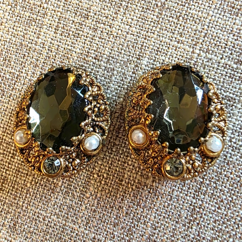 Vintage West Germany Gray Green Clip Earrings, Clear Glass & Faux Pearls, 1950s
